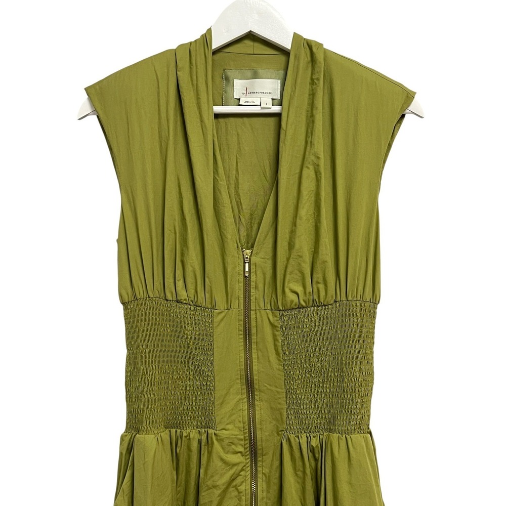 Anthropologie Tommie Dress Womens Small Green Smocked Waist Zip Front Midi Boho - Picture 3 of 10